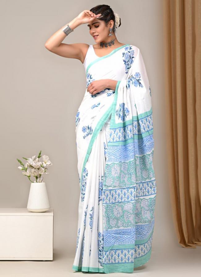 Cotton White Casual Wear Printed Saree